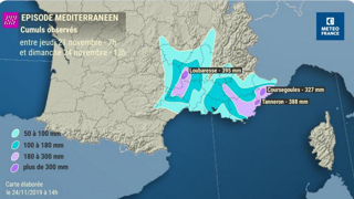 Cumul des précipitations observé entre le 21 et le 24 novembre 2019. © Twitter ©VigiMeteoFrance Cumul des précipitations observé entre le 21 et le 24 novembre 2019. © Twitter ©VigiMeteoFrance